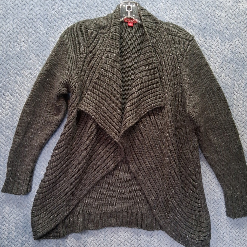 Merona Gray Metallic Shimmer Open Front Draped Shawl Cardigan Sweater Large